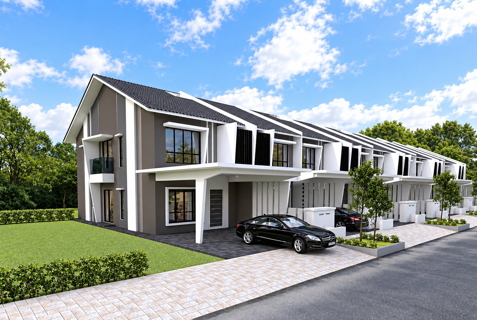 Row of YCH Group double-storey terrace homes with landscaped frontages