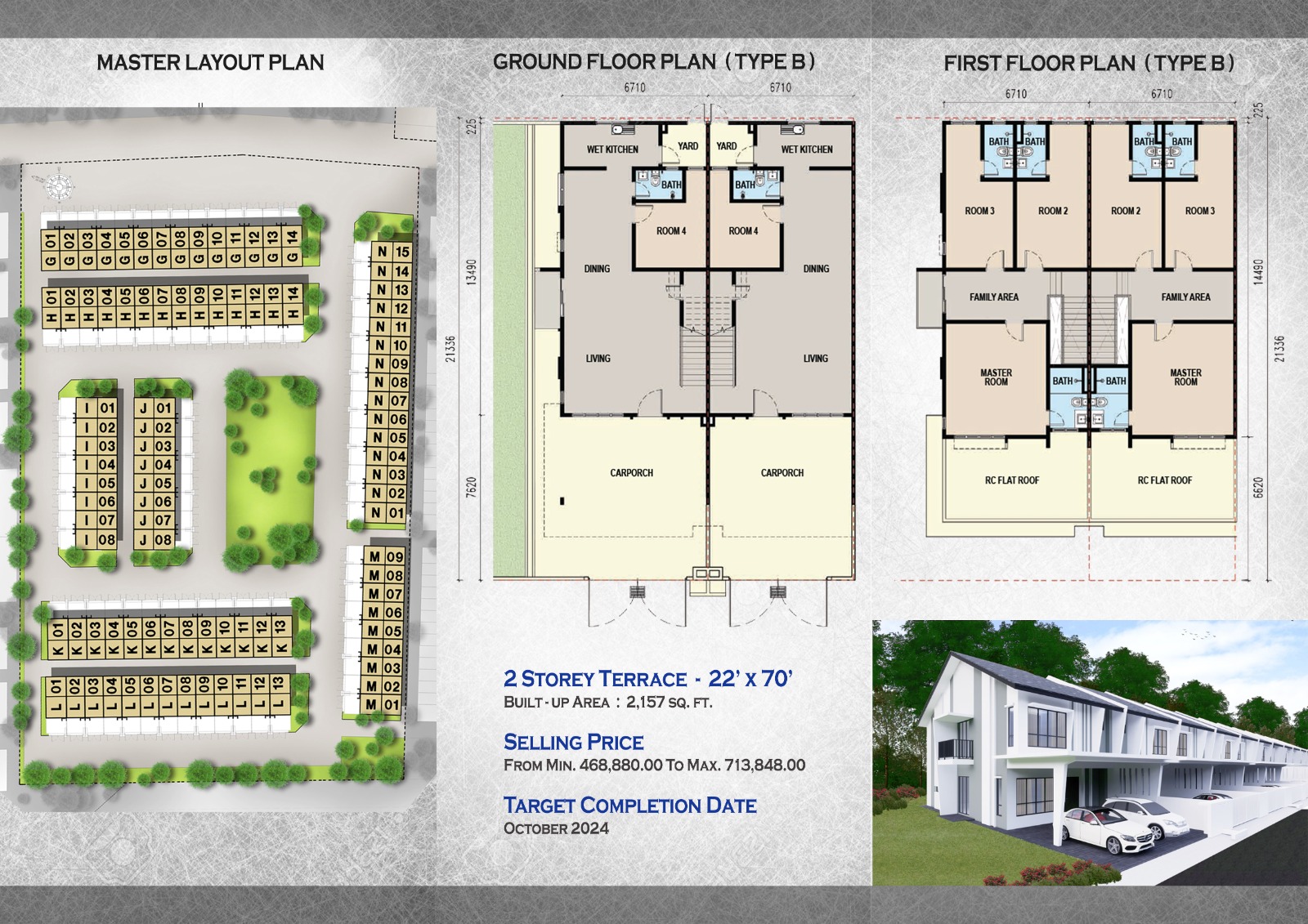 Taman Tas Perdana Phase 2 brochure — master layout plan, Type B ground and first floor plans, and selling price